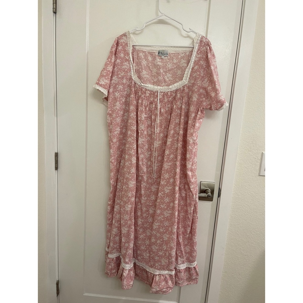 The 1 For U Pink Nightgown Square Neck Cottagecore Lace Trim Nighty Dress